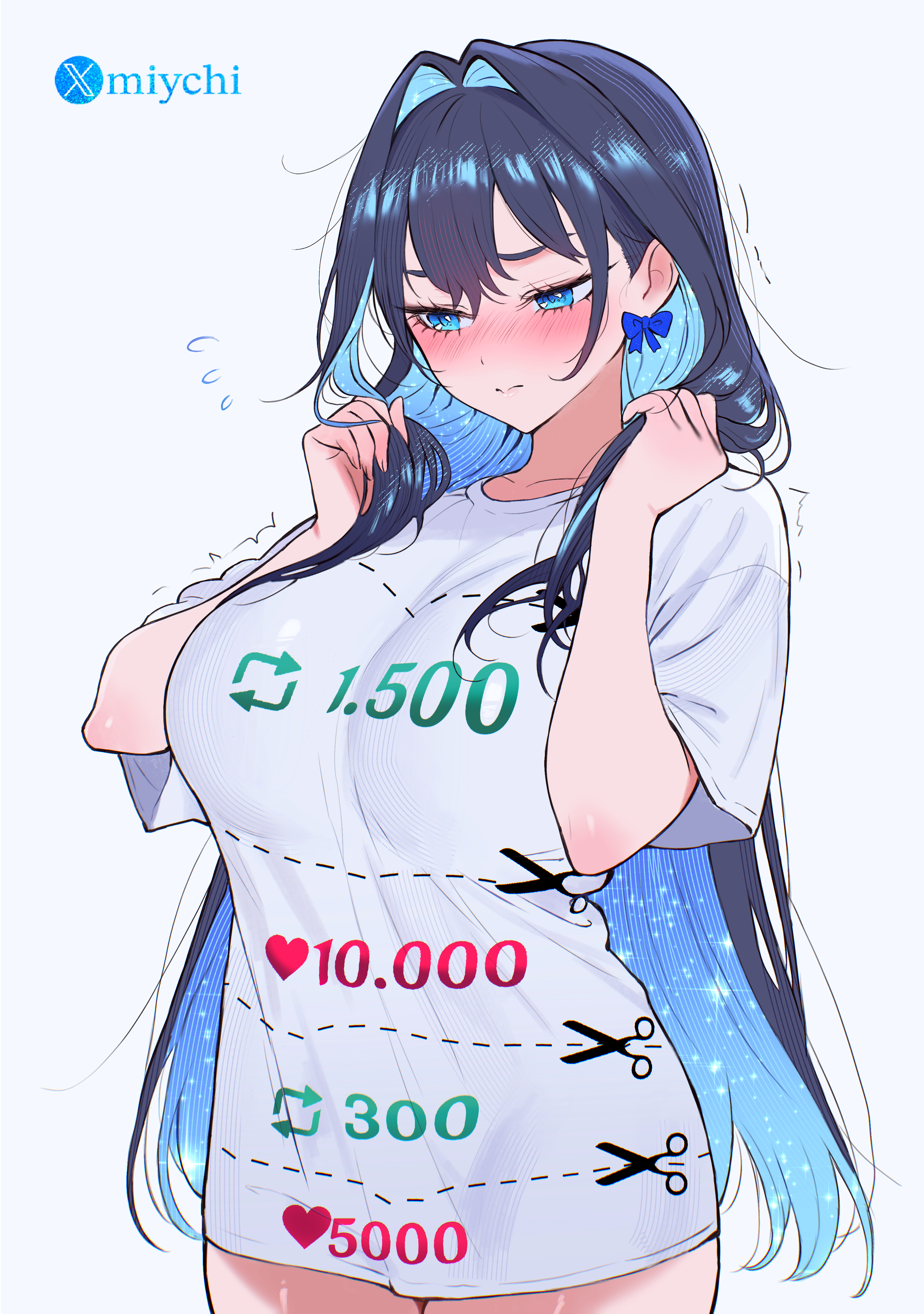 miychi, ouro kronii, hololive, hololive english, absurdres, commentary, highres, 1girl, black hair, blue eyes, blue hair, blush, bow, bow earrings, breasts, clothes writing, colored inner hair, earrings, hair between eyes, hair intakes, jewelry, large breasts, like and retweet, long hair, motion lines, multicolored hair, no pants, shirt, short sleeves, simple background, solo, t-shirt, trembling, twitter cutting game, very long hair, virtual youtuber, white background, white shirt