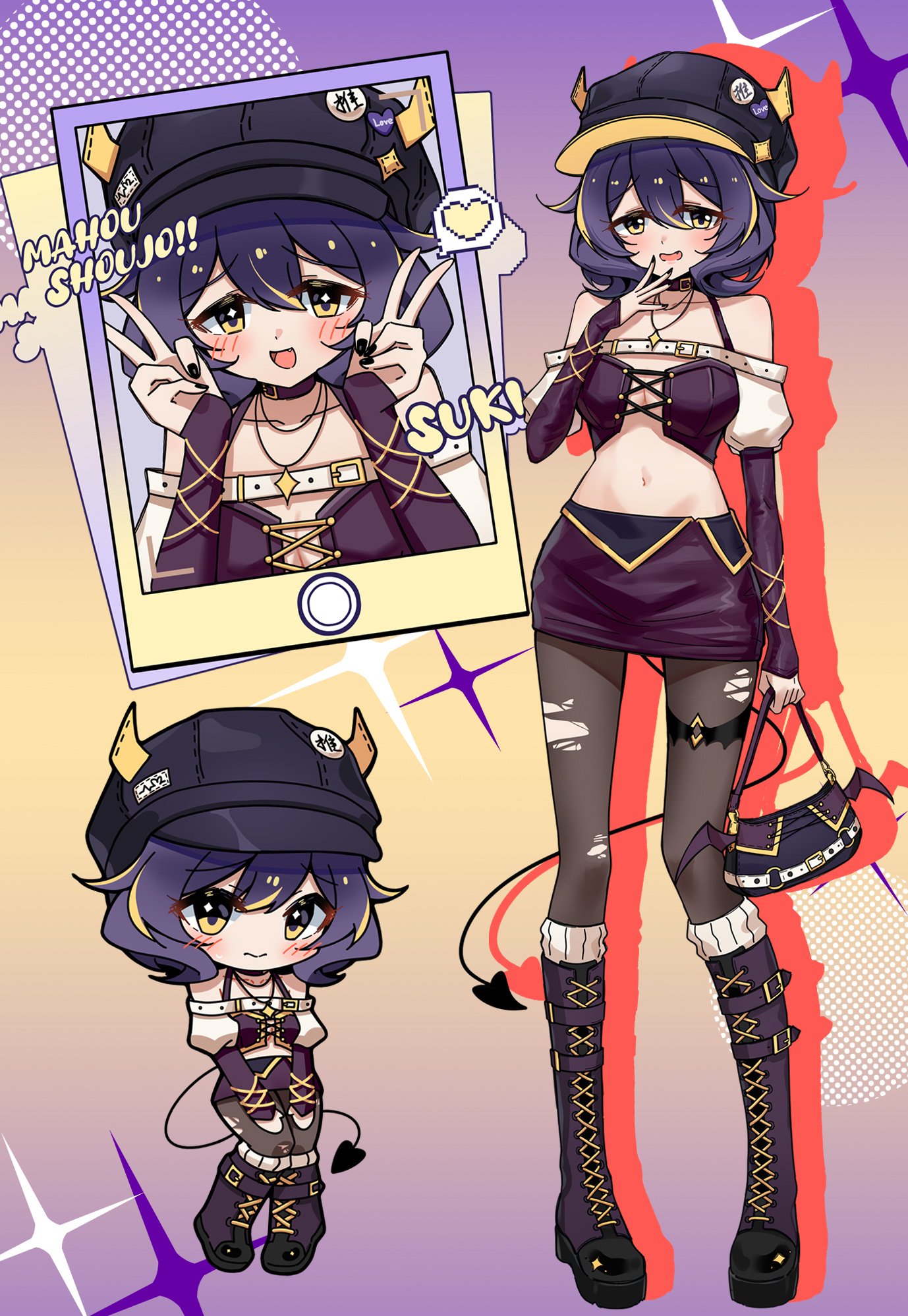 hiiragi utena, mahou shoujo ni akogarete, highres, 1girl, alternate costume, bag, black hair, black hat, black skirt, chibi, collarbone, demon tail, double v, hair between eyes, handbag, hat, holding, holding bag, looking at viewer, miniskirt, navel, open mouth, pantyhose, short hair, skirt, tail, torn clothes, torn pantyhose, v, wi58kbma9vq4bb6, yellow eyes
