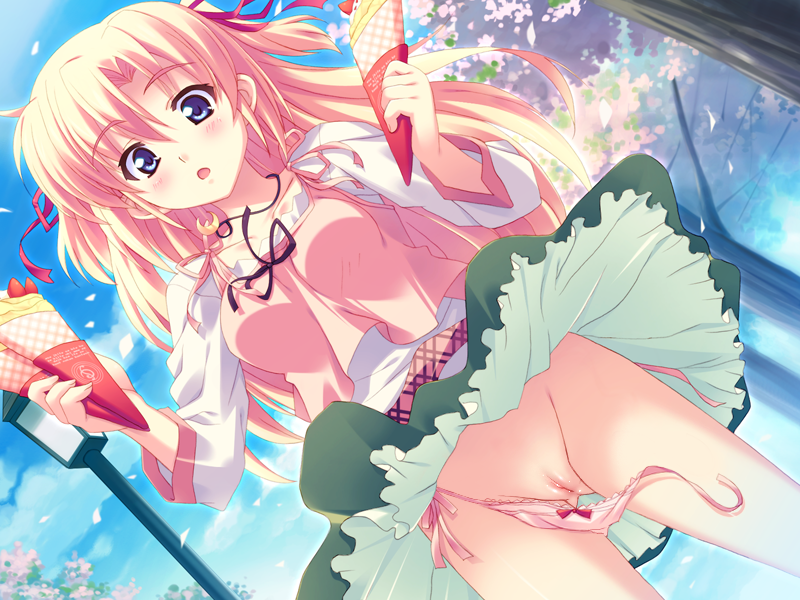 kusukusu, marie rudel, sakura strasse, game cg, third-party edit, 1girl, blonde hair, blush, dress, female focus, long hair, panties, pussy, side-tie panties, solo, surprised, uncensored, underwear, wardrobe malfunction