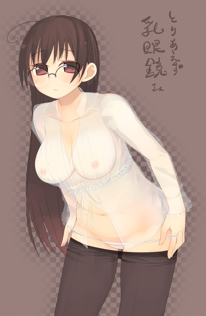kashiwamochi yomogi, arima senne, original, 1girl, ahoge, breasts, clothes pull, female focus, glasses, lowleg, lowleg panties, medium breasts, mole, mole on breast, panties, panty pull, pantyhose, pantyhose pull, see-through clothes, solo, underwear