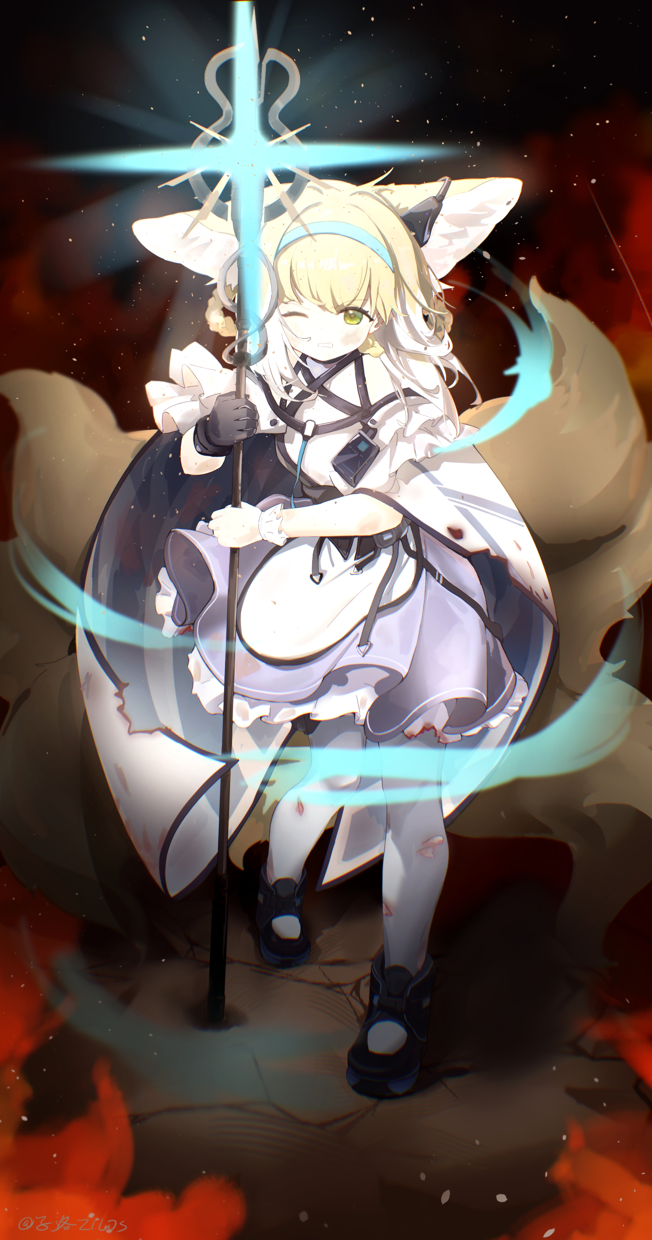 suzuran (arknights), arknights, absurdres, chinese commentary, commentary request, highres, 1girl, animal ears, bare shoulders, black gloves, black shoes, blonde hair, blood, blue hairband, cape, chromatic aberration, clenched teeth, cuts, diffraction spikes, frilled skirt, frills, full body, gloves, green eyes, hairband, holding, holding staff, injury, light particles, looking at viewer, magic, mary janes, medium hair, multicolored hair, one eye closed, pantyhose, purple skirt, shirt, shoes, single glove, skirt, solo, staff, standing, streaked hair, teeth, torn cape, torn clothes, torn pantyhose, two-sided cape, two-sided fabric, white cape, white hair, white pantyhose, white shirt, zi luo (zilos)