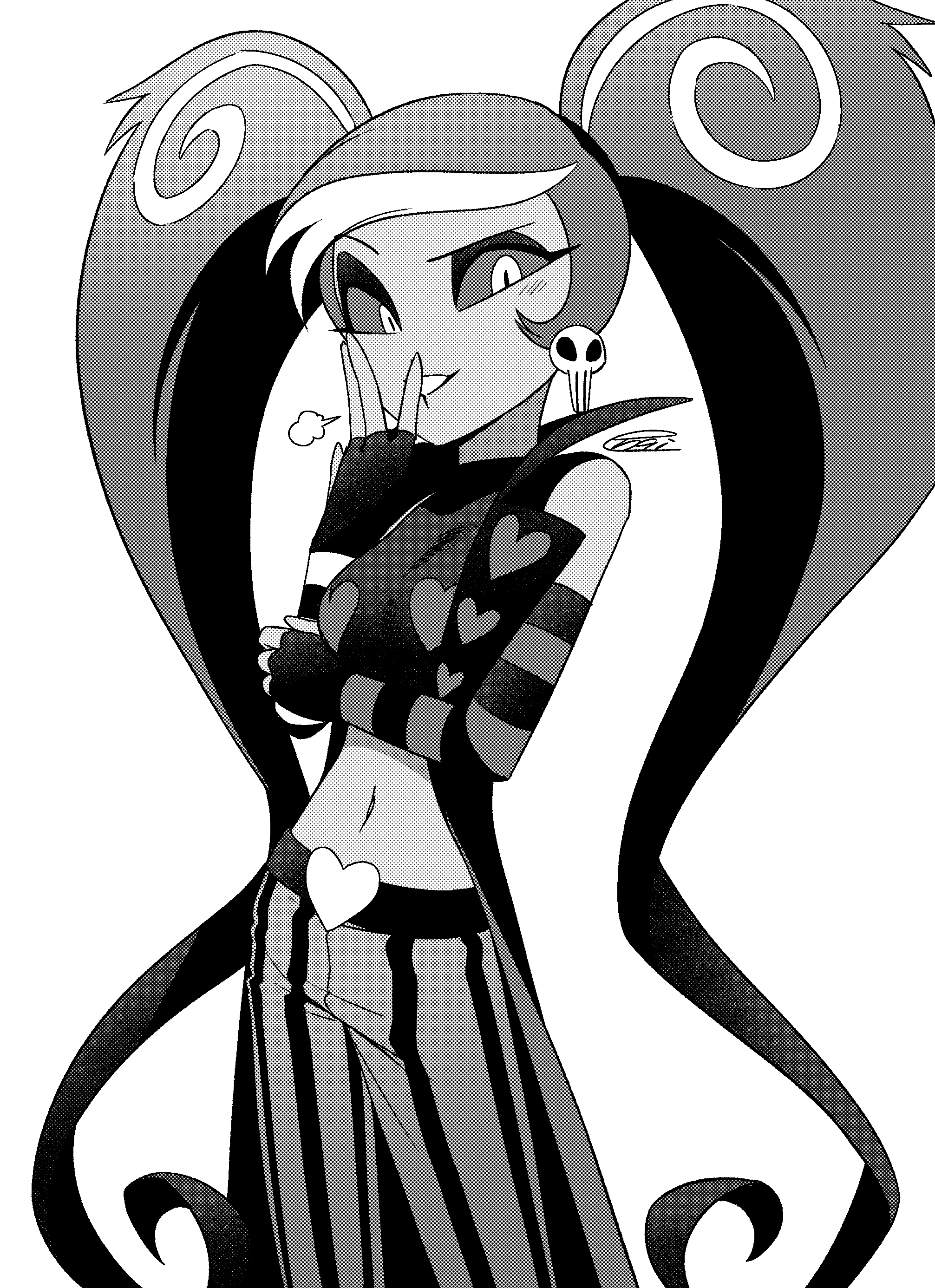menma (enaic31), velvette (hazbin hotel), hazbin hotel, hellaverse, absurdres, commentary request, highres, 1girl, :d, arm under breasts, asymmetrical gloves, bare shoulders, breasts, coat, colored sclera, contrapposto, cowboy shot, crop top, cropped shirt, dark-skinned female, dark skin, earrings, elbow gloves, eyeshadow, fingerless gloves, gloves, greyscale, grin, halftone, hand on own arm, hand up, heart, heart belt, heart print, jewelry, long hair, makeup, midriff, mismatched gloves, monochrome, multicolored hair, navel, open clothes, open coat, open mouth, pants, raised eyebrow, shirt, signature, simple background, skull earrings, sleeveless, sleeveless coat, sleeveless shirt, small breasts, smile, solo, streaked hair, striped clothes, striped gloves, striped pants, swept bangs, twintails, uneven eyes, vertical-striped clothes, vertical-striped pants, very long hair, white background