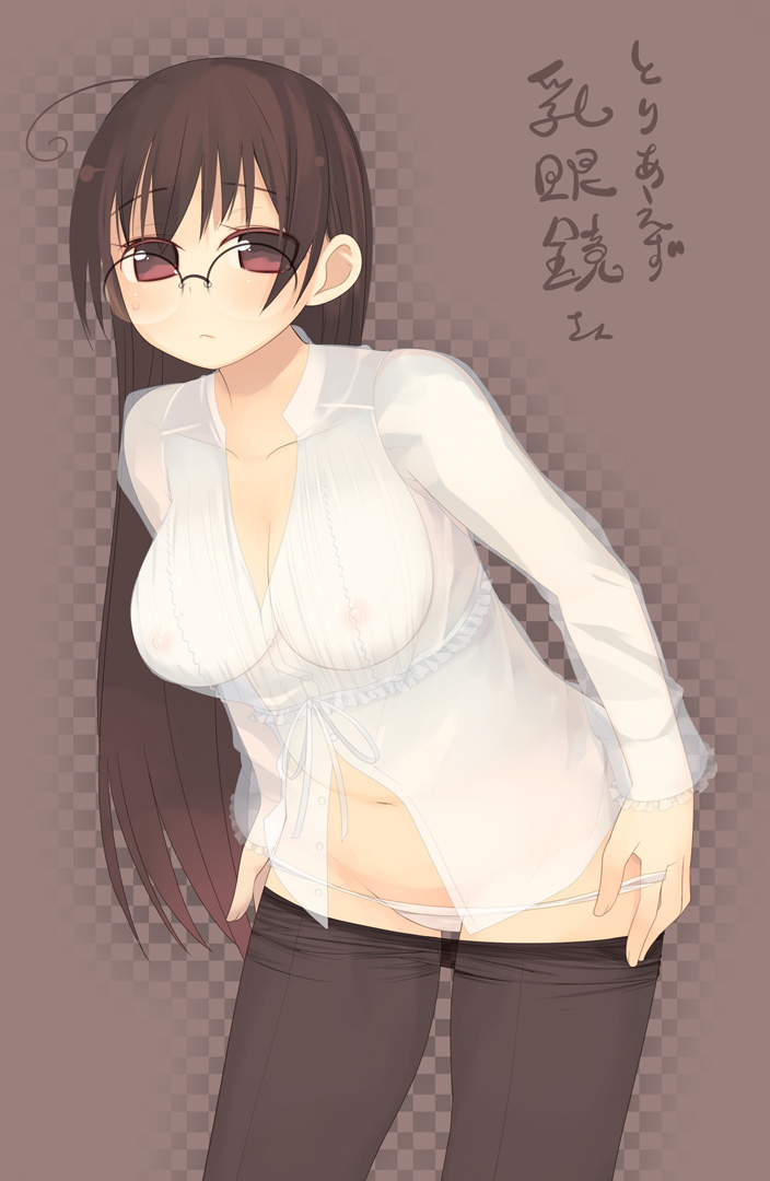 kashiwamochi yomogi, arima senne, original, translation request, 1girl, ahoge, breasts, clothes pull, female focus, glasses, large breasts, lowleg, lowleg panties, mole, mole on breast, nipples, panties, panty pull, pantyhose, pantyhose pull, see-through clothes, solo, underwear