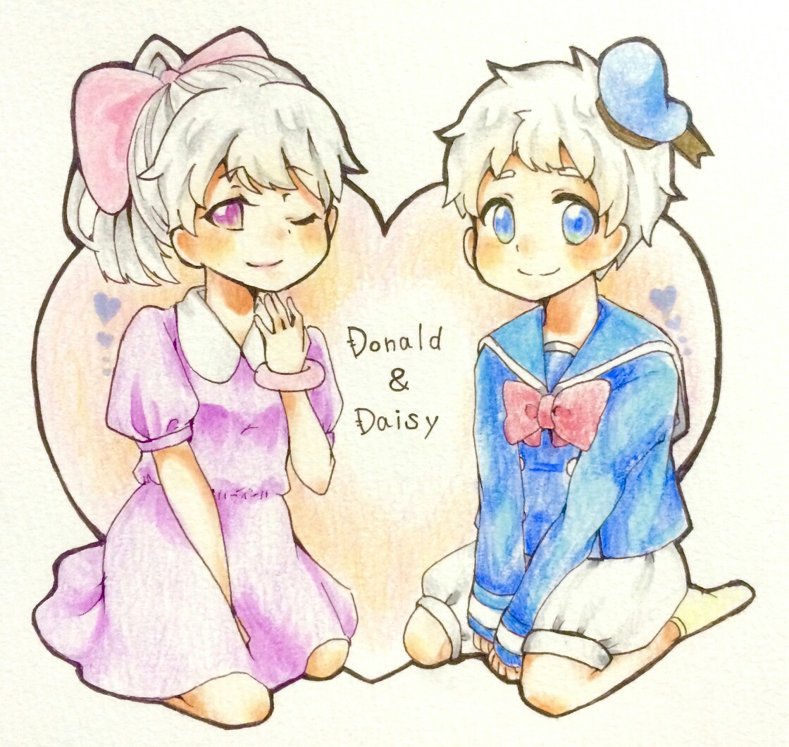 daisy duck, donald duck, mickey mouse & friends, traditional media, 1boy, 1girl, animification, blue eyes, bow, dress, hair bow, hat, humanization, long eyelashes, looking at viewer, personification, puffy sleeves, shirt, short hair, short sleeves, smile, socks, wasabi-dofu-0311, white hair