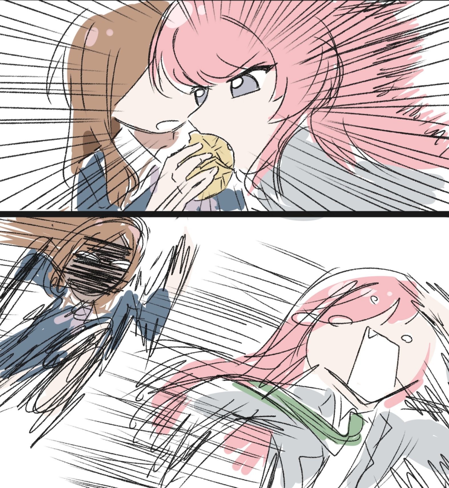 fan jing, chihaya anon, nagasaki soyo, bang dream!, bang dream! it's mygo!!!!!, chinese commentary, commentary request, highres, 2girls, bread, brown hair, fang, food, food theft, haneoka school uniform, long hair, melon bread, multiple girls, pink hair, school uniform, tsukinomori school uniform