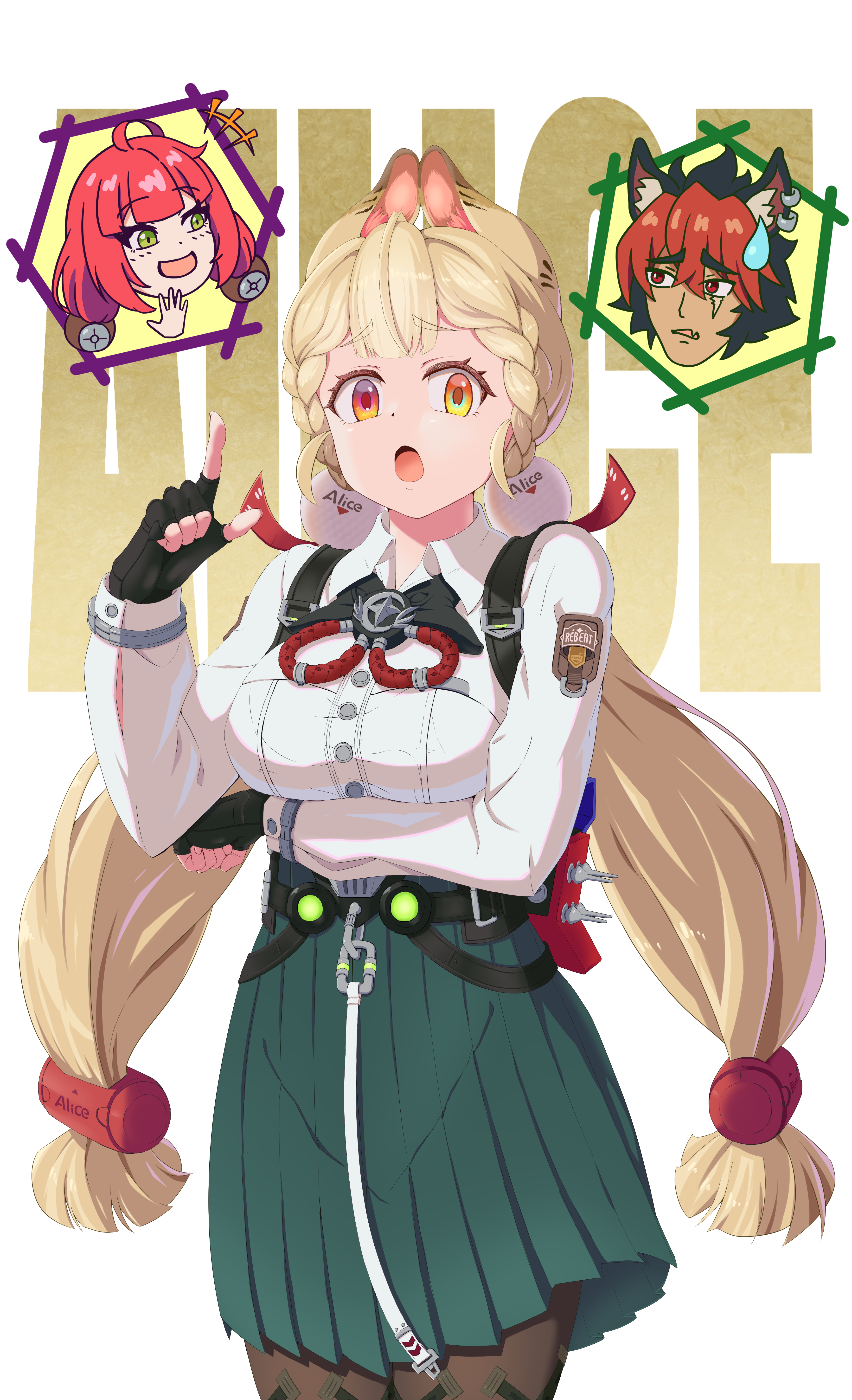 tsukumogenji, alice thymefield, komano manato, ukinami yuzuha, zenless zone zero, absurdres, highres, 1boy, 2girls, animal ears, blonde hair, braid, breasts, dog boy, hair ornament, heterochromia, large breasts, long hair, looking at viewer, low twintails, multicolored hair, multiple girls, multiple scars, rabbit ears, rabbit girl, red bandage, red eyes, red hair, scar, shirt, sphere hair ornament, twintails, white shirt, yellow eyes