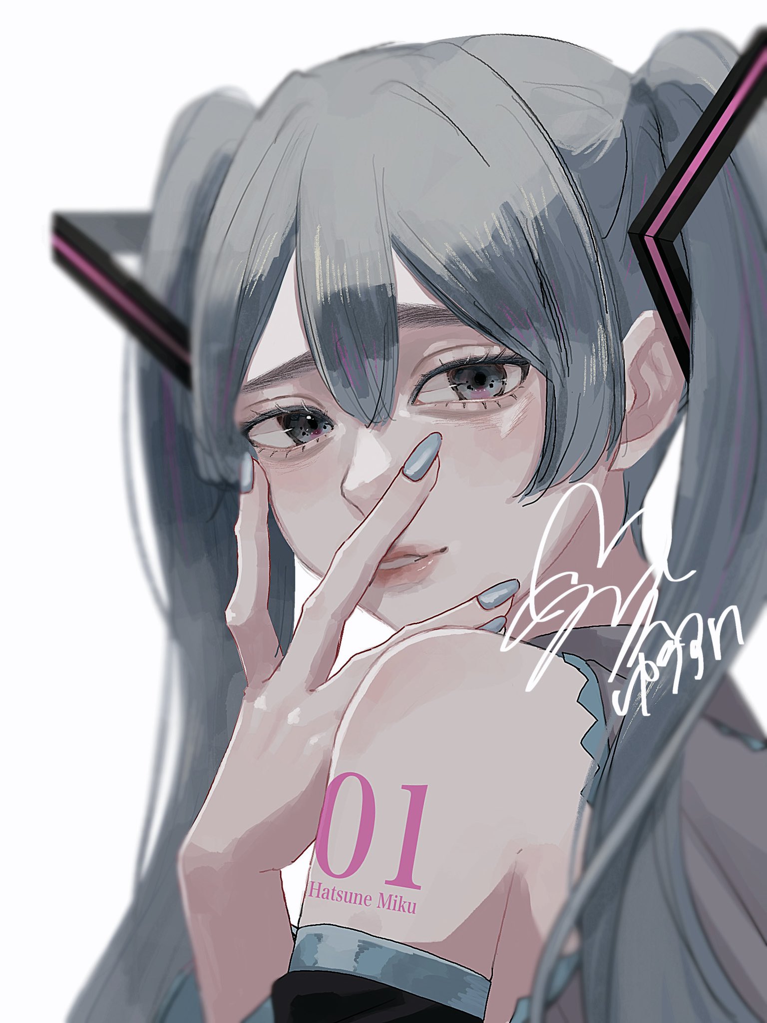 yurosuke, hatsune miku, vocaloid, commentary, highres, redrawn, 1girl, aegyo sal, aqua eyes, aqua hair, aqua nails, arm tattoo, bare shoulders, collared shirt, detached sleeves, grey shirt, hair between eyes, hand on own face, long hair, looking at viewer, nail polish, shirt, signature, simple background, sleeveless, sleeveless shirt, solo, tattoo, twintails, upper body, white background