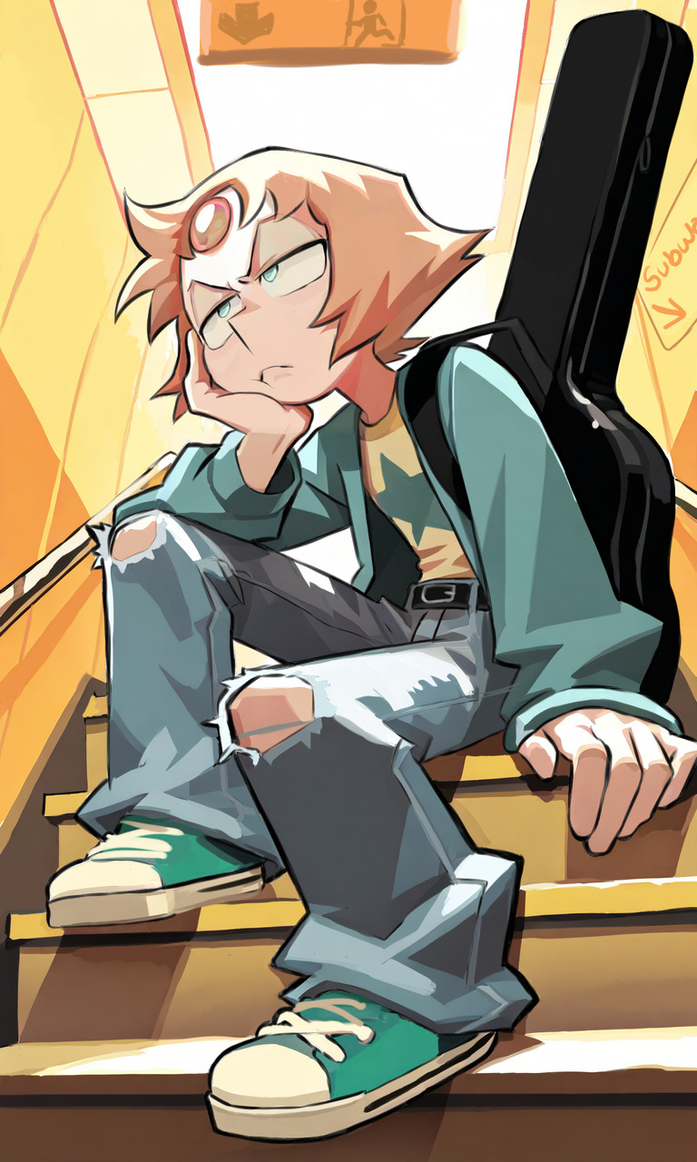 pearl (steven universe), steven universe, commentary, english commentary, highres, 1girl, belt, denim, fawken, forehead jewel, frown, green shoes, guitar case, head rest, instrument case, jacket, jeans, long sleeves, open clothes, open jacket, pants, shoes, short hair, sitting, sneakers, solo, stairs, torn clothes, torn jeans, torn pants, white background