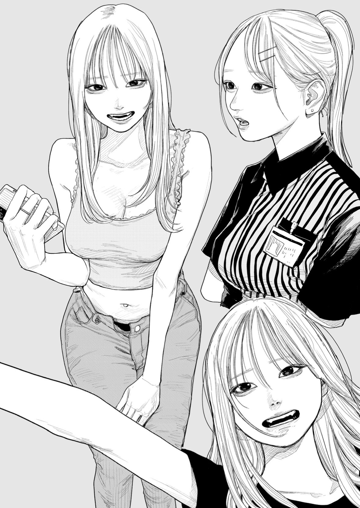 owk bsh yy, original, highres, 3girls, aegyo sal, arms up, breasts, cellphone, cleavage, collage, collared shirt, crop top, denim, earrings, frilled straps, frills, greyscale, hand on own knee, holding, holding phone, jeans, jewelry, large breasts, leaning forward, lips, long hair, monochrome, multiple girls, name tag, navel, navel piercing, open fly, open mouth, pants, parted bangs, partially unbuttoned, phone, piercing, ponytail, shirt, smartphone, striped clothes, striped shirt, tank top, vertical-striped clothes, vertical-striped shirt