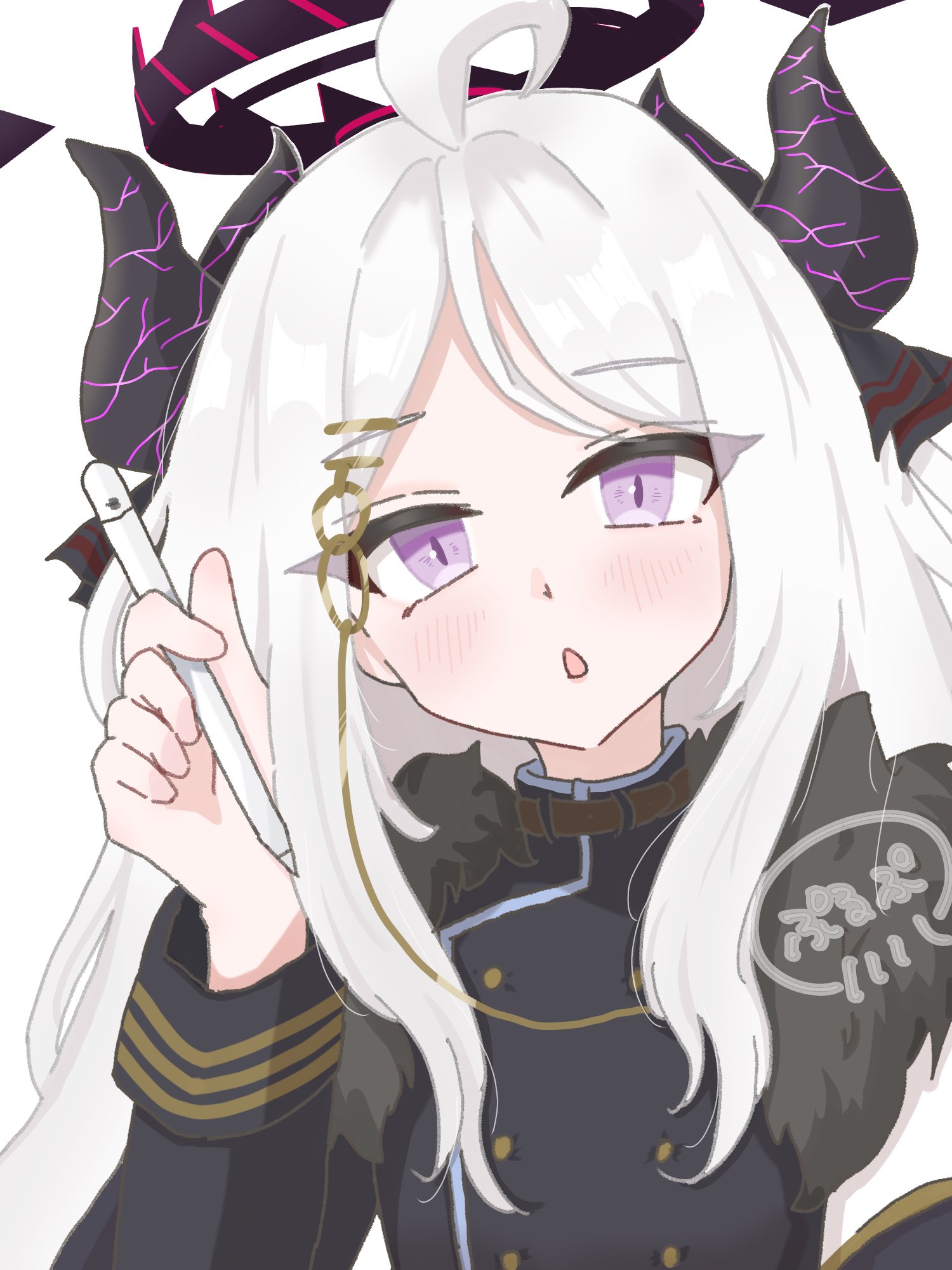 lucha (luchaart), hina (blue archive), blue archive, commentary, highres, 1girl, :o, ahoge, artist name, black coat, blush, buttons, coat, coat on shoulders, demon girl, demon horns, eyes visible through hair, fur collar, hair ornament, halo, holding, holding pen, horns, jacket, long hair, long sleeves, looking at viewer, military uniform, multiple horns, open mouth, parted bangs, pen, purple eyes, sidelocks, signature, simple background, solo, upper body, white background, white hair