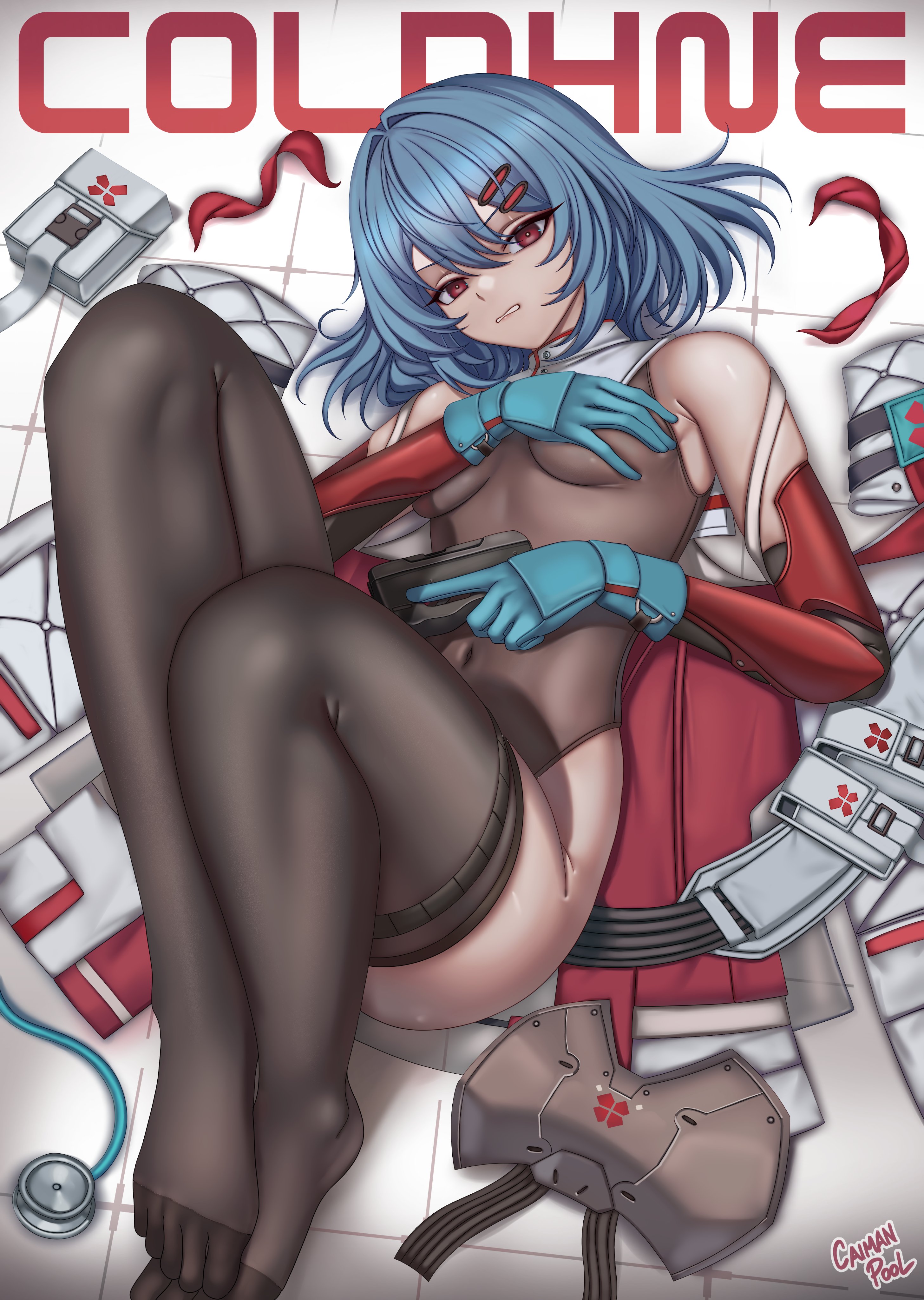 caiman pool, colphne (girls' frontline 2), colphne (silent heart) (girls' frontline 2), girls' frontline, girls' frontline 2: exilium, absurdres, commentary, english commentary, highres, 1girl, alternate hairstyle, aqua gloves, artist name, black leotard, black thighhighs, blue hair, character name, clenched teeth, covered navel, covering privates, full body, gloves, gun, handgun, holding, holding gun, holding weapon, leotard, looking at viewer, medium hair, no shoes, pouch, red eyes, solo, taurus curve, teeth, thighhighs, tile floor, tiles, toes, trigger discipline, unworn armor, weapon