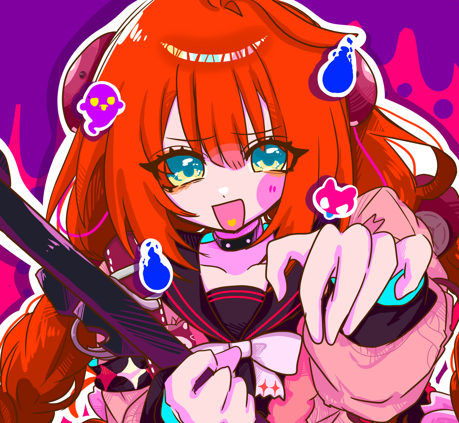 ukinami yuzuha, zenless zone zero, braided twintails, highres, 1girl, bow, braid, breasts, cardigan, green eyes, hair ornament, hearing aid, long hair, looking at viewer, raccoon, red hair, smile, solo, sphere hair ornament, twintails, user pgay8583, very long hair
