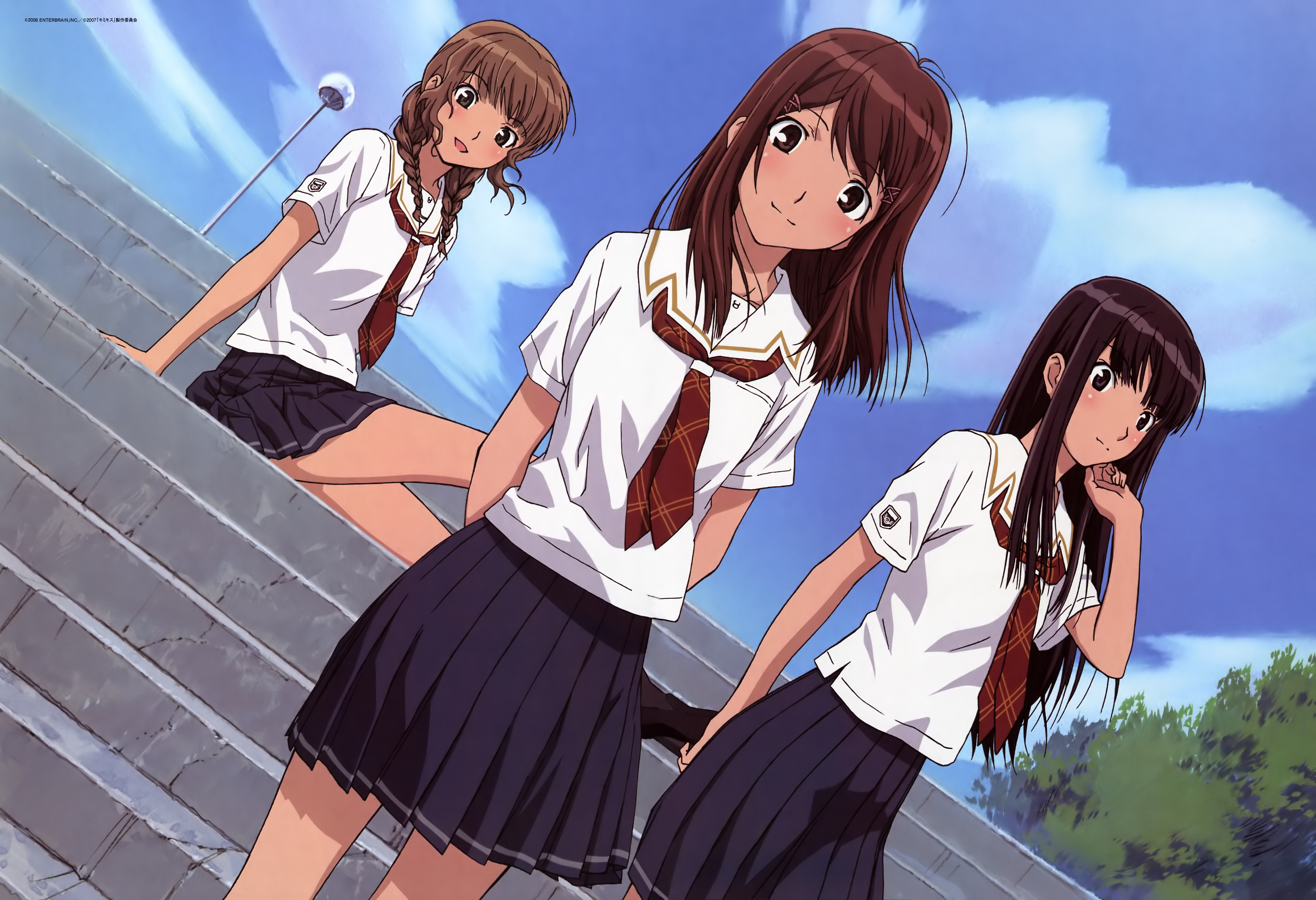 futami eriko, hoshino yuumi, mizusawa mao, kimi kiss, absurdres, highres, 3girls, black eyes, black hair, blush, braid, brown eyes, brown hair, cloud, day, long hair, multiple girls, school uniform, serafuku, sitting, sitting on stairs, skirt, sky, stairs, twin braids