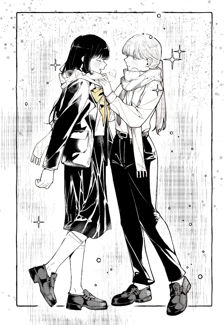 haoxiangkan nutong, akebi komichi, kizaki erika, akebi-chan no serafuku, commentary, hashtag-only commentary, 2girls, adjusting clothes, blush, bow, bowtie, breath, closed eyes, jacket, kneehighs, loafers, long sleeves, multiple girls, open mouth, pants, ponytail, purple eyes, roubai academy school uniform (old), scarf, school uniform, serafuku, shoes, sidelocks, snow, socks, sparkle, spot color, yellow bow, yellow bowtie