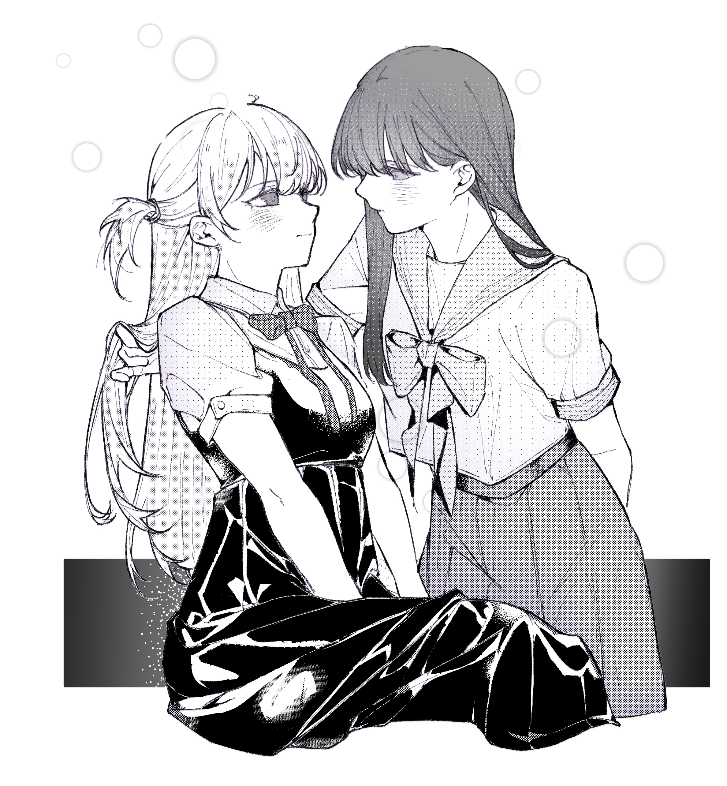 haoxiangkan nutong, akebi komichi, kizaki erika, akebi-chan no serafuku, absurdres, chinese commentary, commentary request, highres, 2girls, blush, bow, bowtie, closed mouth, dress, eye contact, hand in another's hair, long hair, looking at another, multiple girls, one eye closed, pinafore dress, pleated skirt, roubai academy school uniform (new), roubai academy school uniform (old), school uniform, serafuku, shirt, short sleeves, skirt, sleeveless, sleeveless dress, yuri