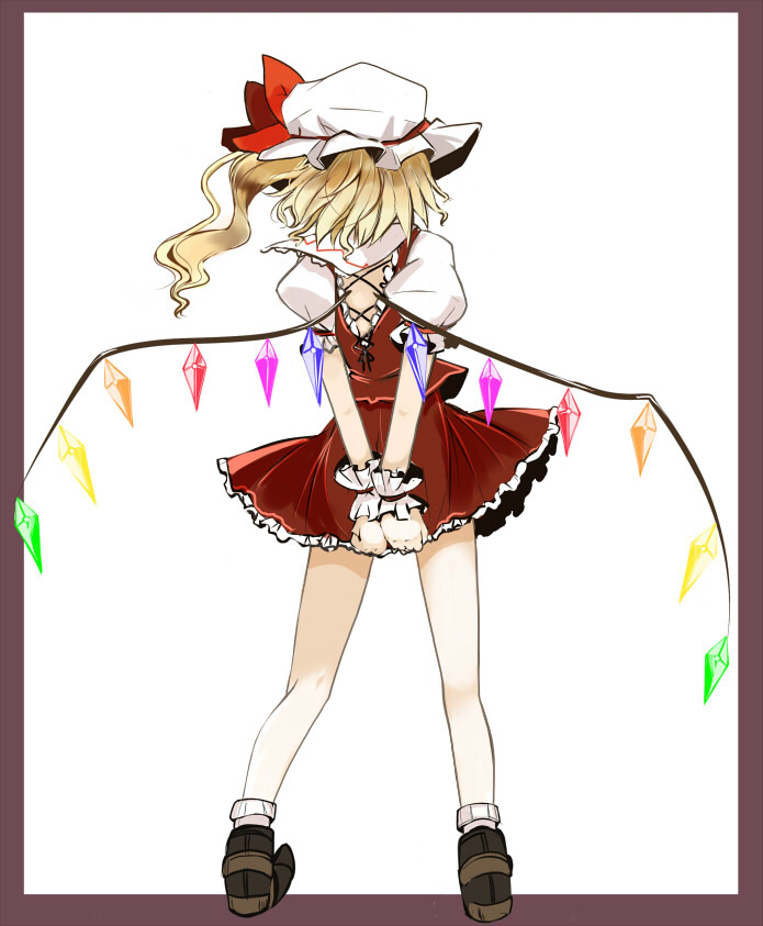 takaharu, flandre scarlet, embodiment of scarlet devil, touhou, 1girl, arms behind back, back, blonde hair, blouse, brown shoes, female focus, from behind, hat, mob cap, ponytail, shirt, shoes, socks, solo, white hat, white shirt, white socks, wings, wrist cuffs