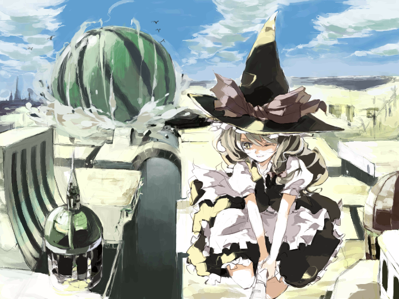mo, shunsei (muratou), kirisame marisa, touhou, 1girl, blonde hair, cityscape, female focus, flying, food, fruit, one eye closed, solo, watermelon