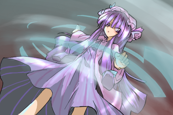 neki-t, patchouli knowledge, touhou, 1girl, dress, female focus, frills, from below, hat, long hair, long sleeves, looking at viewer, looking down, mob cap, purple dress, purple eyes, purple hair, solo, standing, very long hair