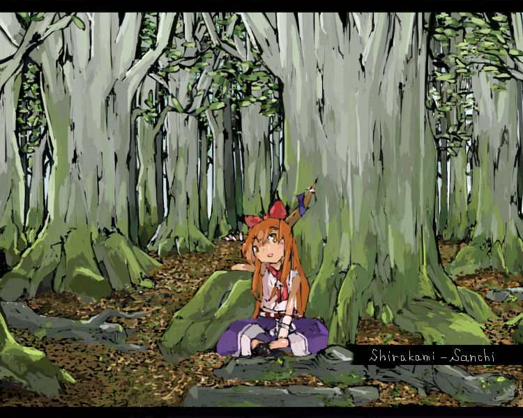 cusui, ibuki suika, touhou, 1girl, female focus, forest, horns, indian style, letterboxed, long hair, nature, orange hair, sitting, solo, tree
