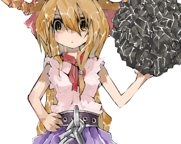 cusui, ibuki suika, touhou, 1girl, bare shoulders, boulder, carrying, female focus, hand on own hip, horns, oni, orange eyes, orange hair, simple background, sleeveless, solo, staring