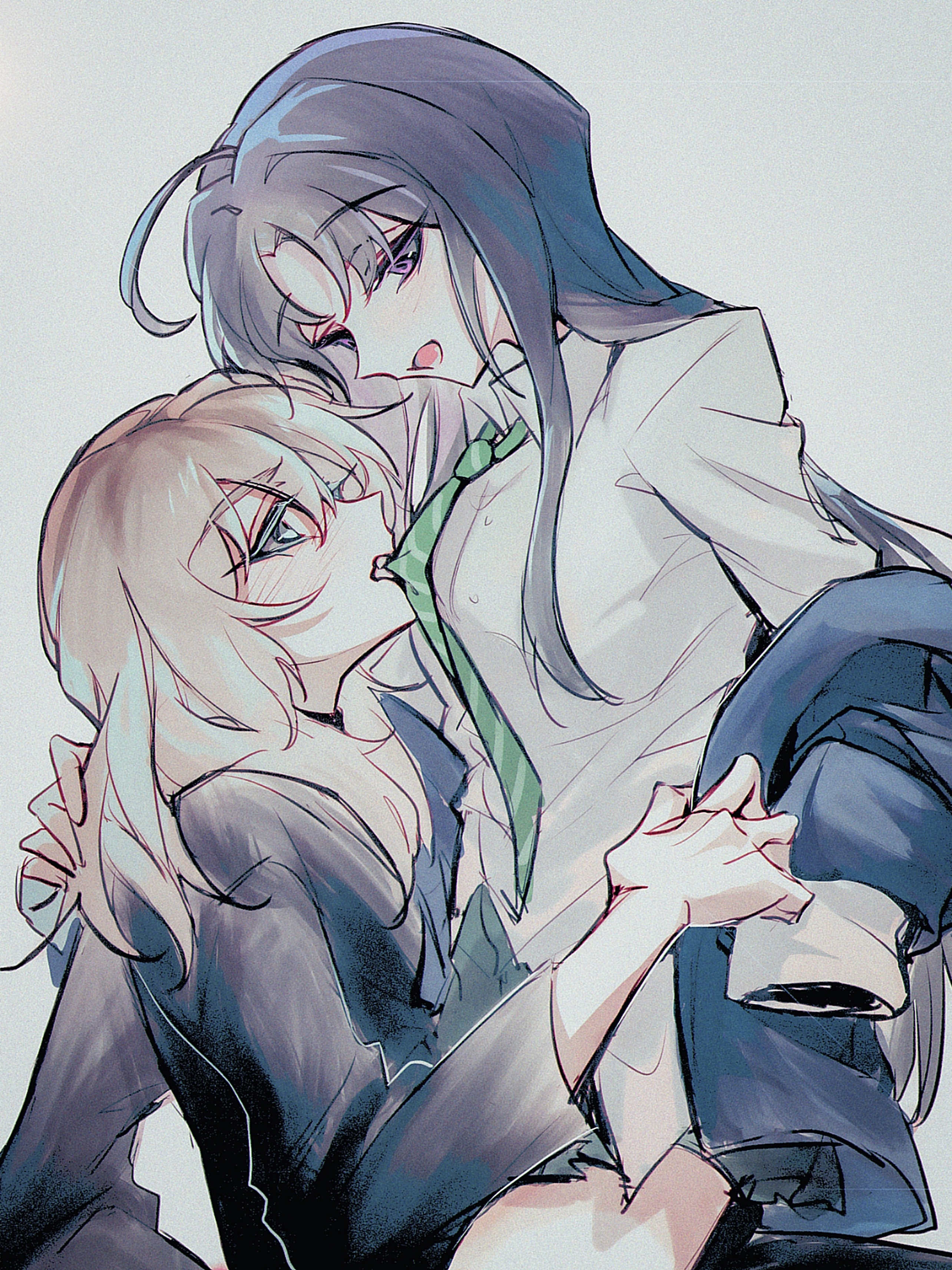 youren117, awa subaru, kawaragi momoka, girls band cry, absurdres, chinese commentary, commentary request, highres, 2girls, black hair, black jacket, blonde hair, blush, collared shirt, film grain, green necktie, grey background, grey eyes, hand in another's hair, jacket, long hair, mouth hold, multicolored hair, multiple girls, necktie, necktie in mouth, open clothes, open jacket, open mouth, purple eyes, roots (hair), school uniform, shirt, sitting, sitting on lap, sitting on person, straddling, white shirt, yuri