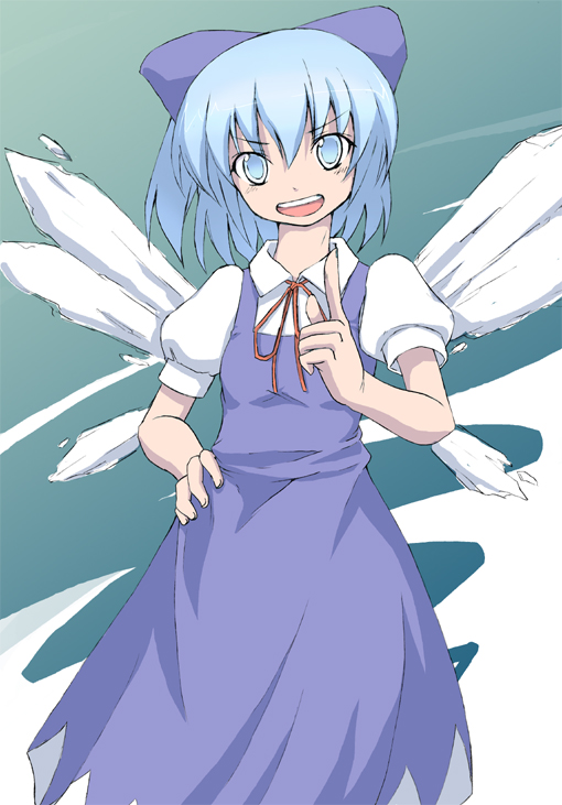 dawy, cirno, embodiment of scarlet devil, touhou, 1girl, :d, blue background, blue dress, blue eyes, blue hair, collar, crystal, dress, fairy, fairy wings, female focus, ice, ice wings, index finger raised, looking at viewer, matching hair/eyes, open mouth, red ribbon, ribbon, simple background, smile, solo, wings