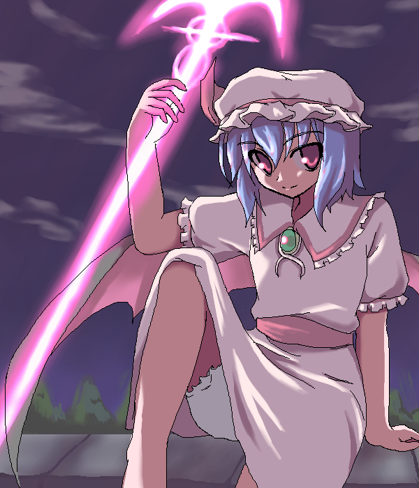 akiyasu, remilia scarlet, touhou, silver hair, 1girl, bloomers, brooch, cloud, dress, female focus, gem, green gemstone, hat, jewelry, knee up, looking at viewer, mob cap, night, night sky, oekaki, outdoors, pink dress, pink eyes, short hair, sitting, sky, solo, spear the gungnir, touhuya, underwear, upskirt, white bloomers, white hat