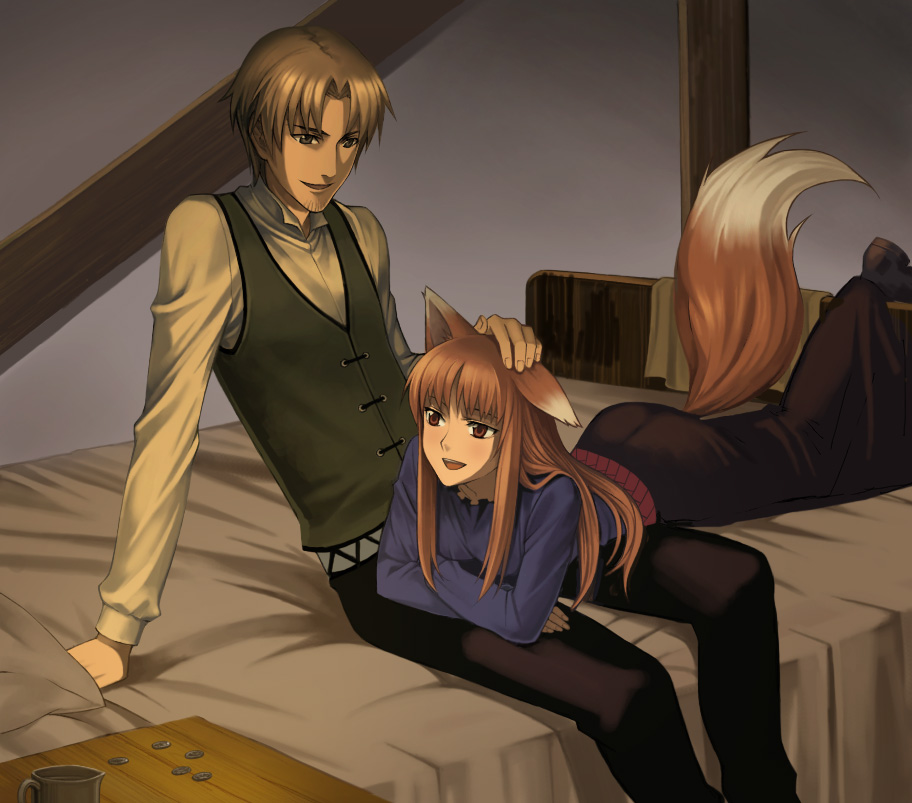 chimachi, craft lawrence, holo, spice and wolf, silver hair, bad id, bad pixiv id, 00s, 1boy, 1girl, animal ears, bed, brown eyes, brown hair, grey eyes, long hair, tail, vest, wolf ears, wolf tail