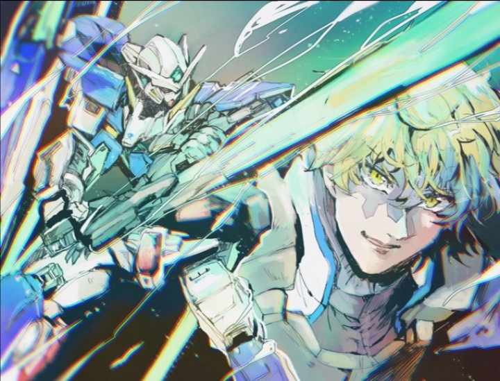 kare (0621utak), graham aker, gundam exia, gundam exia repair iv, gundam, gundam 00, gundam 00 festival 10 "re:vision", 1boy, artificial eye, blonde hair, celestial being, drawing sword, glowing, glowing sword, glowing weapon, holding, holding shield, holding sword, holding weapon, humanoid robot, katana, looking at viewer, mecha, mechanical arms, pilot, robot, shield, short hair, smile, solo, standing, sword, unsheathed, v-fin, weapon