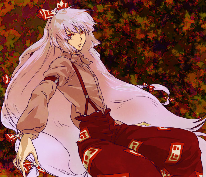 egawa satsuki, fujiwara no mokou, touhou, 1girl, bow, female focus, hair bow, long hair, multiple hair bows, pants, red eyes, solo, suspenders, white hair