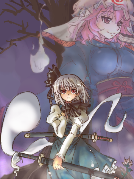 fujii, fujii jun, konpaku youmu, konpaku youmu (ghost), saigyouji yuyuko, touhou, silver hair, 2girls, female focus, flower, ghost, japanese clothes, katana, kimono, multiple girls, pink hair, sheath, sheathed, short hair, sword, weapon