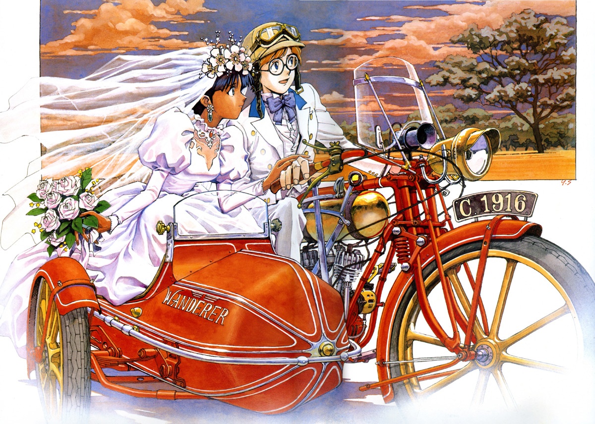 sadamoto yoshiyuki, jean roque lartigue, jean roque raltique, nadia la arwall, fushigi no umi no nadia, vehicle, scan, 1990s (style), 1boy, 1girl, blue eyes, blue hair, bride, brown hair, dark skin, dress, earrings, flower, formal clothes, glasses, jewelry, juliet sleeves, long sleeves, motor vehicle, motorcycle, puffy sleeves, retro artstyle, short hair, tree, wedding, wedding dress
