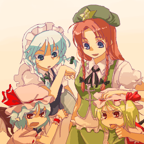 takishima asaka, flandre scarlet, hong meiling, izayoi sakuya, remilia scarlet, embodiment of scarlet devil, touhou, silver hair, 4girls, :d, beret, blue dress, blue eyes, blush, braid, child, china dress, chinese clothes, demon tail, dress, female focus, frills, green dress, hat, height difference, mob cap, multiple girls, oekaki, open mouth, puffy short sleeves, puffy sleeves, red eyes, red hair, short sleeves, smile, star (symbol), tail, twin braids, upper body, wings, wrist cuffs