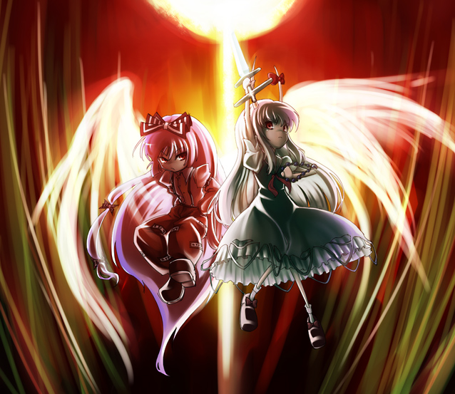 lain, ex-keine, fujiwara no mokou, kamishirasawa keine, touhou, 2girls, female focus, fiery wings, multiple girls
