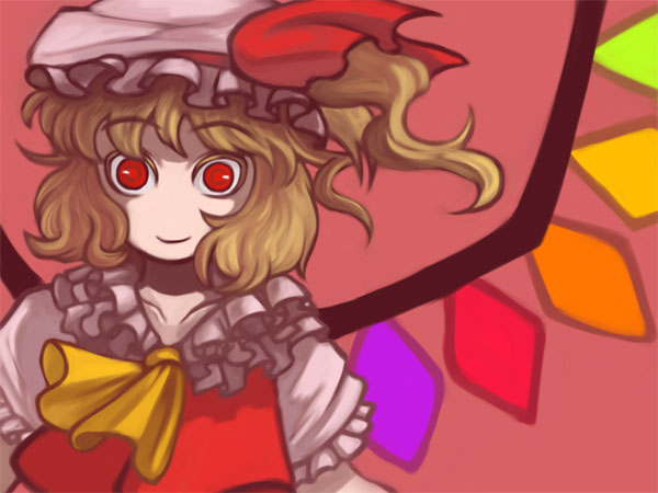 flandre scarlet, touhou, 1girl, ascot, blonde hair, collar, crystal, demon wings, female focus, frilled collar, frills, hat, looking at viewer, mob cap, pale skin, red eyes, smile, solo, staring, upper body, wings