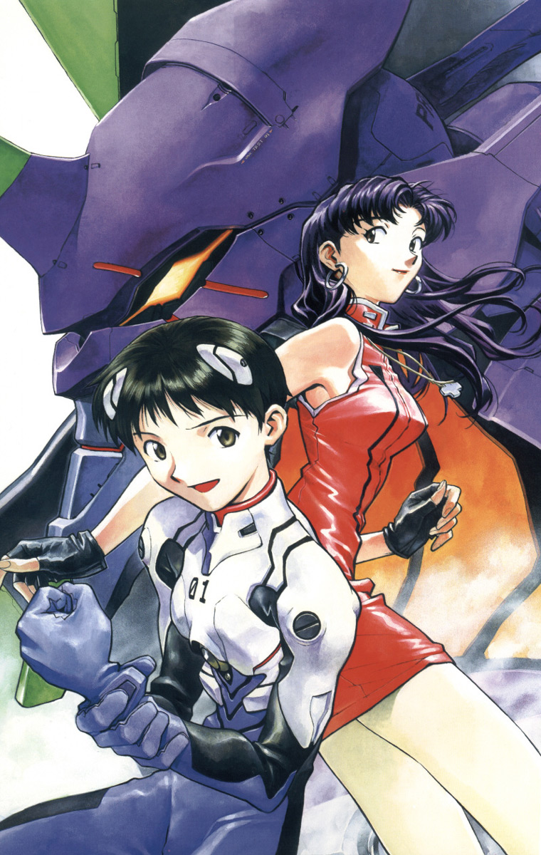 sadamoto yoshiyuki, eva 01, ikari shinji, katsuragi misato, neon genesis evangelion, duplicate, highres, scan, 1boy, 1girl, black hair, blue bodysuit, bodysuit, brown eyes, cross, earrings, fingerless gloves, gloves, greek cross, interface headset (evangelion), jewelry, long hair, mecha, mecha pilot suit, necklace, official alternate costume, plugsuit (evangelion), purple hair, robot