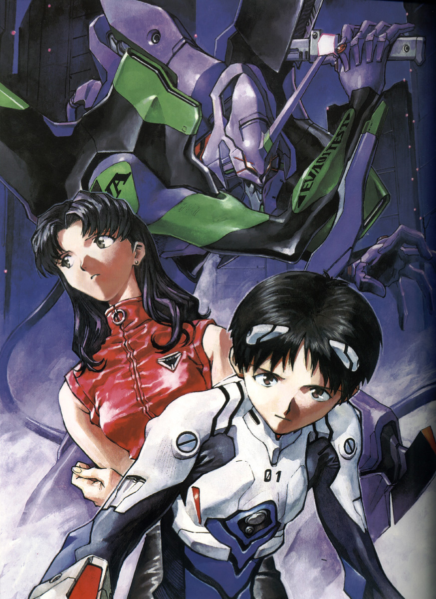 sadamoto yoshiyuki, eva 01, ikari shinji, katsuragi misato, neon genesis evangelion, neon genesis evangelion (manga), cleaned, highres, official art, scan, 1boy, 1girl, black hair, blue bodysuit, bodysuit, brown eyes, cable, earrings, interface headset (evangelion), jewelry, long hair, mecha, mecha pilot suit, plugsuit (evangelion), robot, short hair