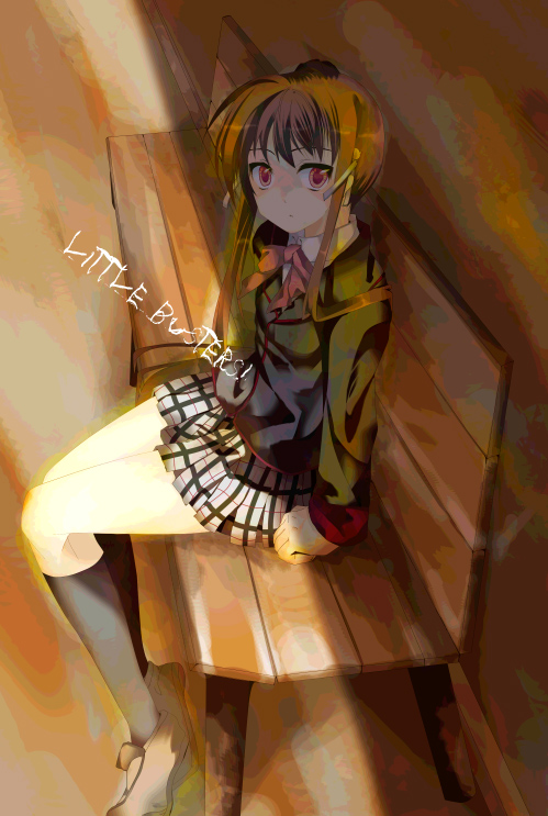 ise (velvet088), natsume rin, little busters!, 1girl, bench, black socks, blazer, bow, bowtie, brown hair, copyright name, female focus, hair ornament, jacket, kneehighs, loafers, long hair, long sleeves, looking at viewer, miniskirt, park bench, plaid clothes, plaid skirt, red eyes, school uniform, shirt, shoes, sitting, skirt, socks, solo, text focus