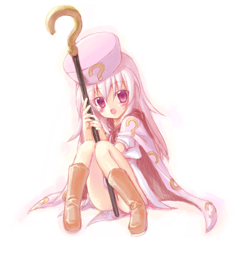 minamura haruki, hatena yousei, benesse, 1girl, ?, cape, fang, female focus, hat, loli, long hair, looking at viewer, no panties, open mouth, pink hair, pink hat, smile, solo, staff