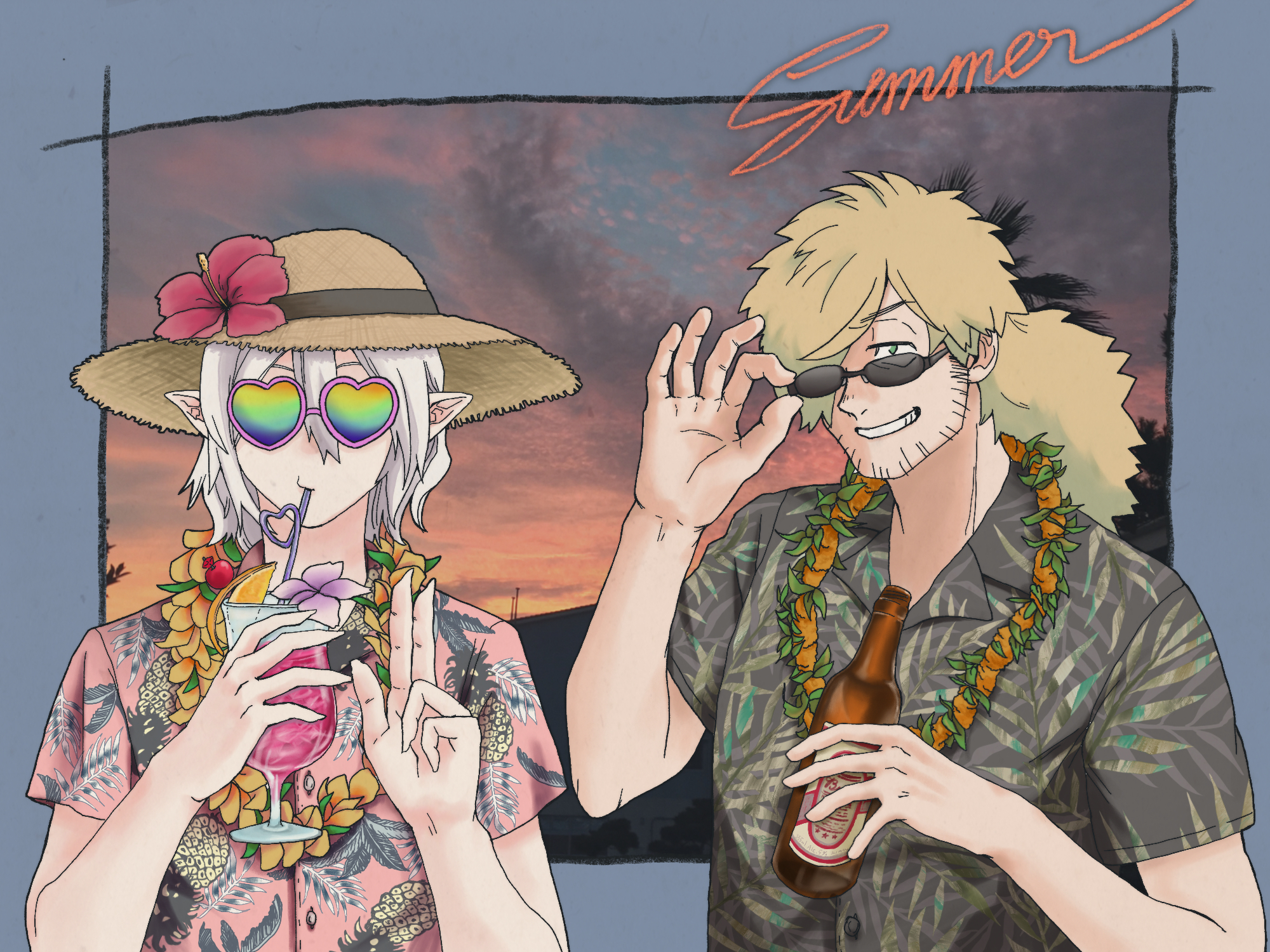 inugami kohachi, mihai florescu, kemono jihen, highres, 2boys, alternate costume, blonde hair, bottle, cup, flower, flower necklace, hair over one eye, hawaiian shirt, heart, heart-shaped eyewear, holding, holding bottle, holding cup, jewelry, lei, multiple boys, necklace, pointy ears, shirt, sunglasses, white hair, yafuo