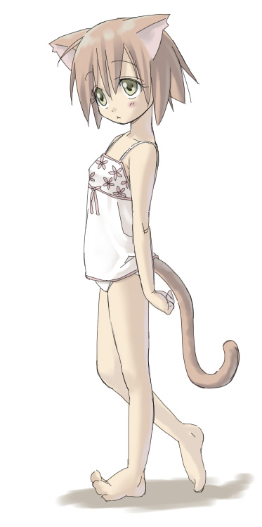 you2, original, animal ears, barefoot, camisole, cat ears, cat tail, solo, tail