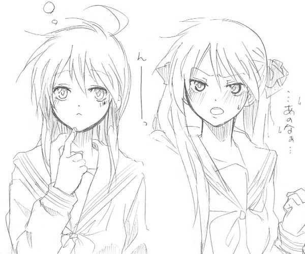 kochoko, hiiragi kagami, izumi konata, lucky star, 00s, 2girls, :d, ahoge, blush, collarbone, finger to mouth, greyscale, long sleeves, looking at viewer, monochrome, multiple girls, open mouth, sailor collar, school uniform, serafuku, simple background, sketch, smile, upper body, white background