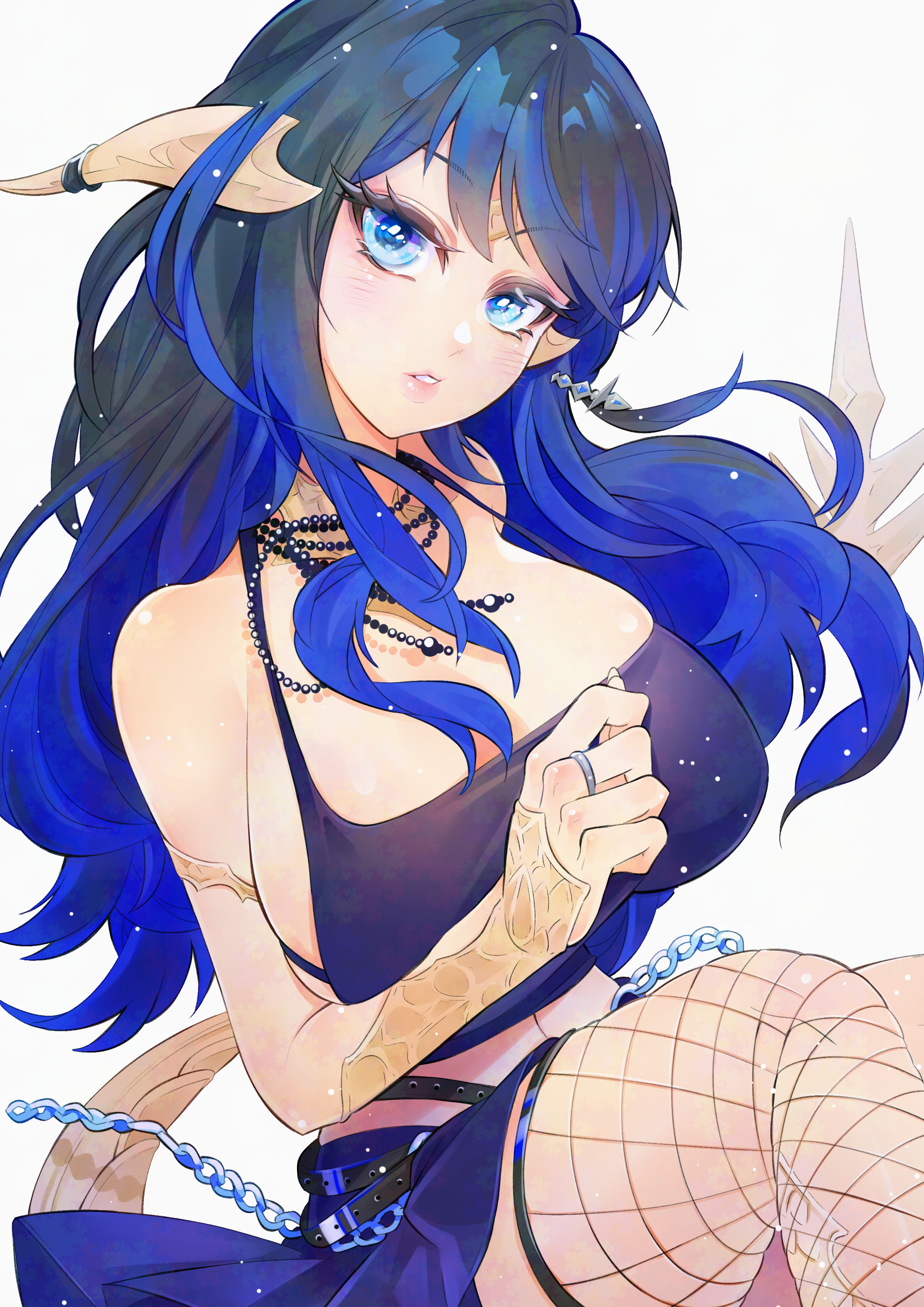 noxxia39, warrior of light (ff14), final fantasy, final fantasy xiv, absurdres, highres, 1girl, au ra, belt, black hair, blue hair, blue shirt, blue skirt, blush, breasts, crop top, dragon horns, dragon tail, earrings, fishnet thighhighs, fishnets, from side, horn ornament, horn ring, horns, jewelry, large breasts, lipstick, long hair, looking at viewer, makeup, multicolored hair, open mouth, ring, scales, shirt, simple background, skirt, solo, tail, thighhighs, two-tone hair, white background