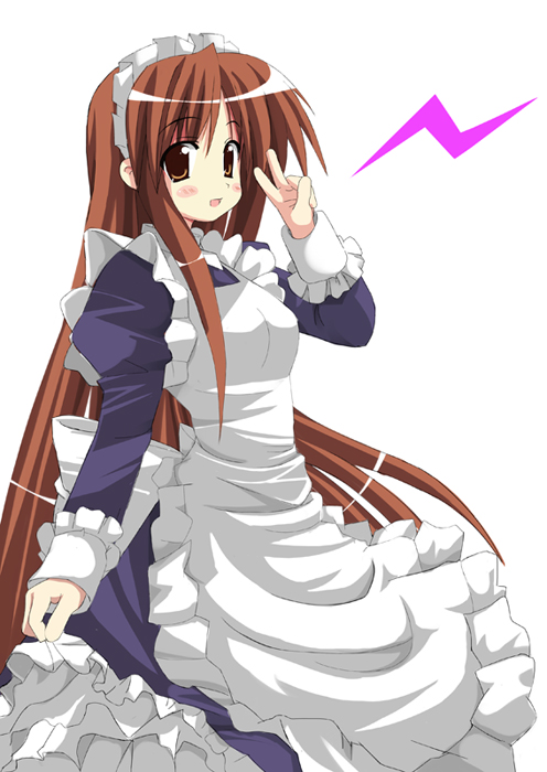 kiriya haruhito, asahina mikuru, kiriya, suzumiya haruhi no yuuutsu, hand gesture, 00s, 1girl, apron, blue dress, dress, female focus, frills, lightning, long sleeves, looking at viewer, maid, maid apron, maid headdress, simple background, solo, v, white background