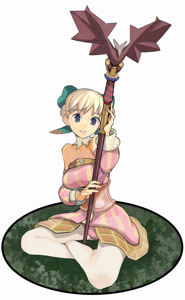forgotten artist, ryman, fantasy earth zero, highres, 1girl, blonde hair, blue eyes, crossed legs, female focus, indian style, pantyhose, sitting, solo, staff