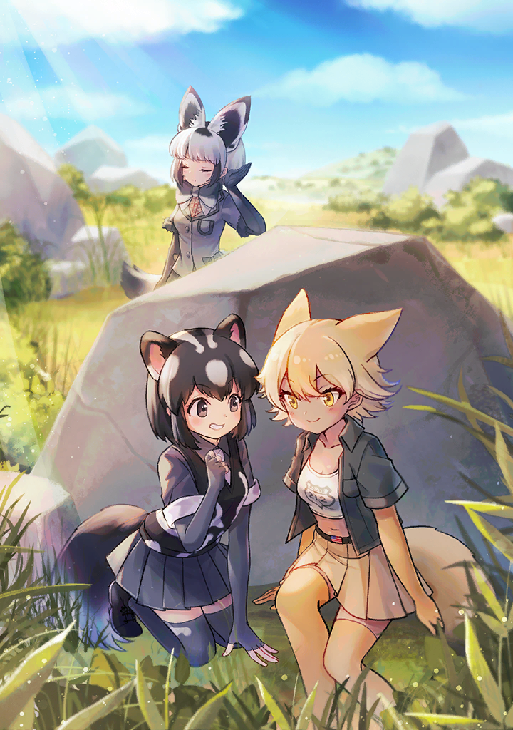 bat-eared fox (kemono friends), coyote (kemono friends), spotted skunk (kemono friends), kemono friends, kemono friends 3, kemono friends v project, artist request, game cg, official art, third-party source, variant set, 3girls, american flag, animal ears, black eyes, black hair, black jacket, black shoes, black vest, blonde hair, blue sky, bow, bowtie, clenched hand, closed eyes, closed mouth, cloud, day, elbow gloves, extra ears, fingerless gloves, fox ears, fox girl, fox tail, fur-trimmed sleeves, fur trim, gloves, grass, grey gloves, grey hair, grey shirt, grey skirt, hand on own ear, hand up, jacket, light blush, listening, looking at another, midriff, multicolored hair, multiple girls, navel, necktie, open clothes, open jacket, outdoors, pleated skirt, rock, shirt, shoes, short hair, short sleeves, sitting, skirt, skunk ears, skunk girl, skunk tail, sky, smile, tail, thighhighs, vest, virtual youtuber, white hair, white necktie, white shirt, wolf ears, wolf girl, wolf tail, yellow eyes, yellow gloves, yellow thighhighs, zettai ryouiki