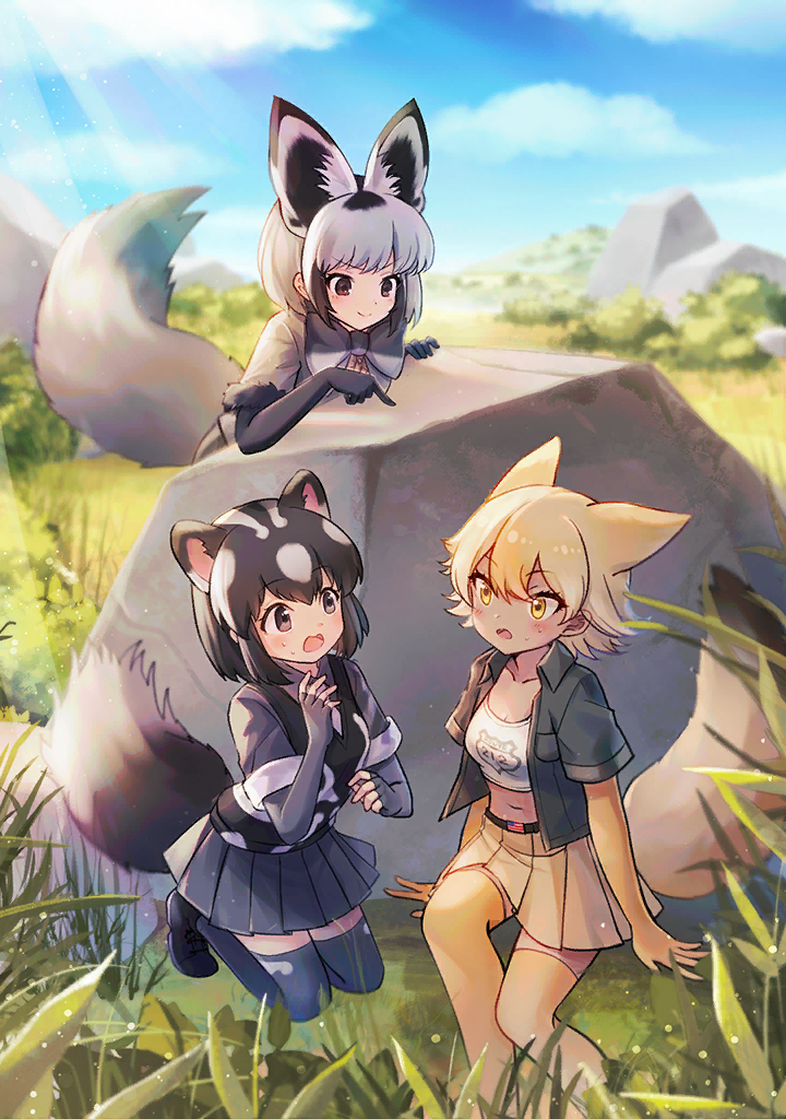 bat-eared fox (kemono friends), coyote (kemono friends), spotted skunk (kemono friends), kemono friends, kemono friends 3, kemono friends v project, artist request, game cg, official art, third-party source, variant set, 3girls, american flag, animal ears, black eyes, black hair, black jacket, black shoes, black vest, blonde hair, blue sky, bow, bowtie, brown eyes, closed mouth, cloud, d:, day, elbow gloves, extra ears, fingerless gloves, fox ears, fox girl, fox tail, fur-trimmed sleeves, fur trim, gloves, grass, grey gloves, grey hair, grey shirt, grey skirt, jacket, light blush, looking at another, midriff, multicolored hair, multiple girls, navel, necktie, nervous sweating, open clothes, open jacket, open mouth, outdoors, pleated skirt, rock, shirt, shoes, short hair, short sleeves, sitting, skirt, skunk ears, skunk girl, skunk tail, sky, smile, surprised, sweat, tail, thighhighs, v-shaped eyebrows, vest, virtual youtuber, white hair, white necktie, white shirt, wolf ears, wolf girl, wolf tail, yellow eyes, yellow gloves, yellow thighhighs, zettai ryouiki