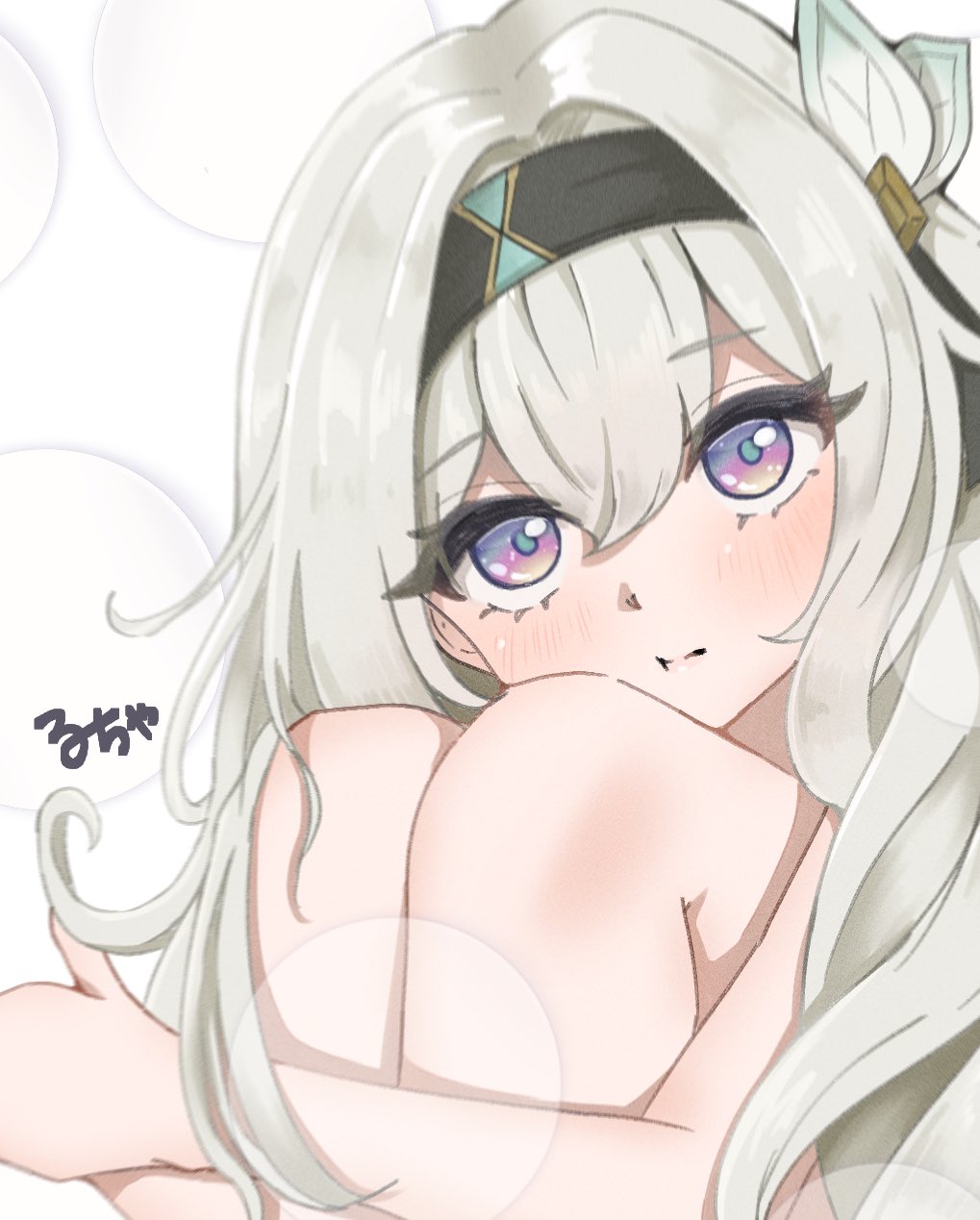 lucha (luchaart), firefly (honkai: star rail), honkai: star rail, honkai (series), commentary, hashtag-only commentary, highres, 1girl, :t, artist name, blush, bubble, closed mouth, eyes visible through hair, grey hair, hair between eyes, hair ornament, headband, hugging own legs, long hair, pout, purple eyes, sidelocks, signature, simple background, solo, white background