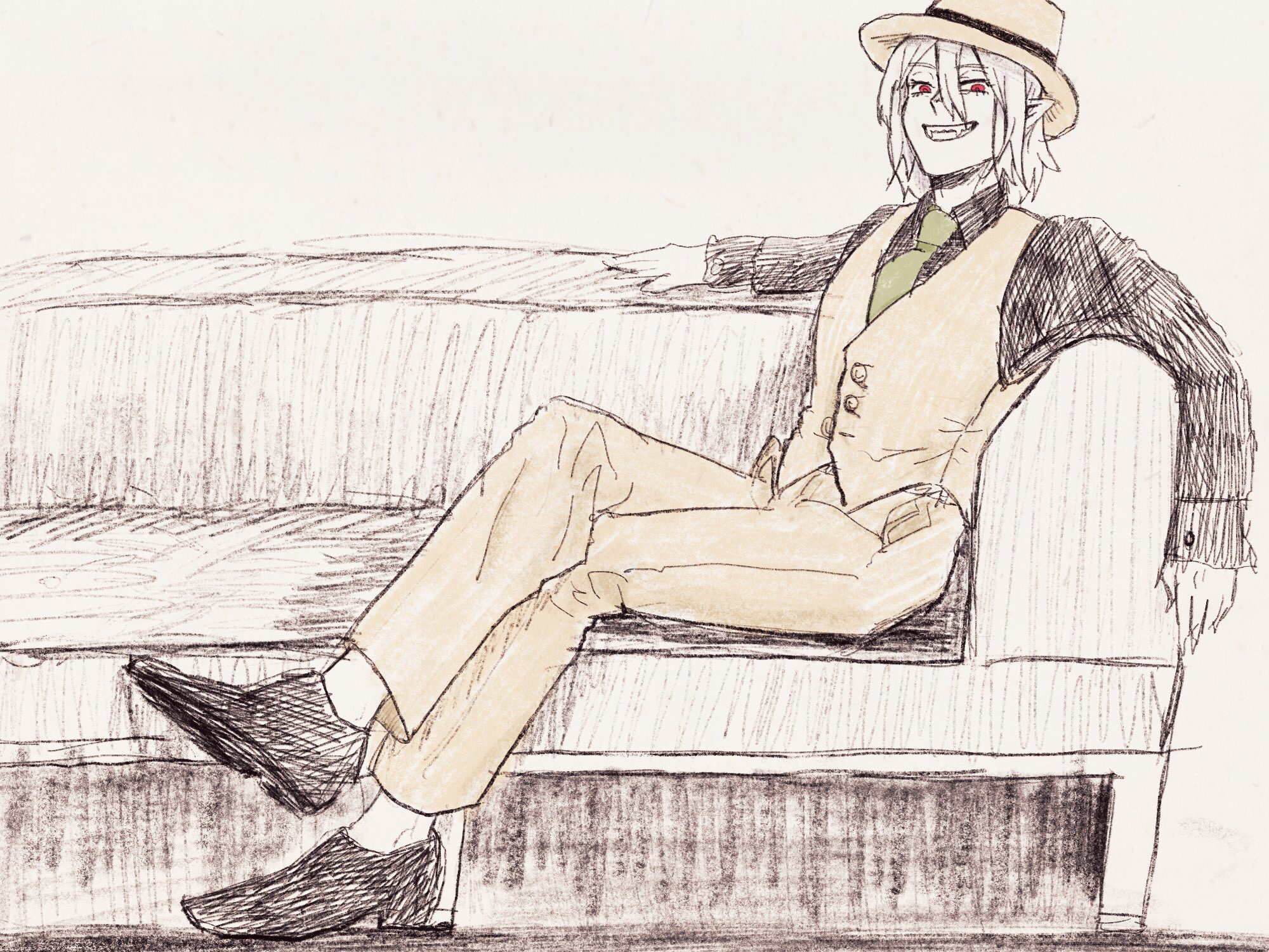 mihai florescu, kemono jihen, highres, 1boy, cosplay, costume switch, fangs, grin, pointy ears, red eyes, sitting, smile, white hair, yafuo