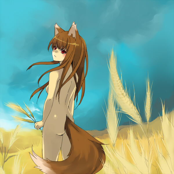 loo, holo, spice and wolf, 00s, animal ears, nude, solo, tail, wolf ears, wolf tail